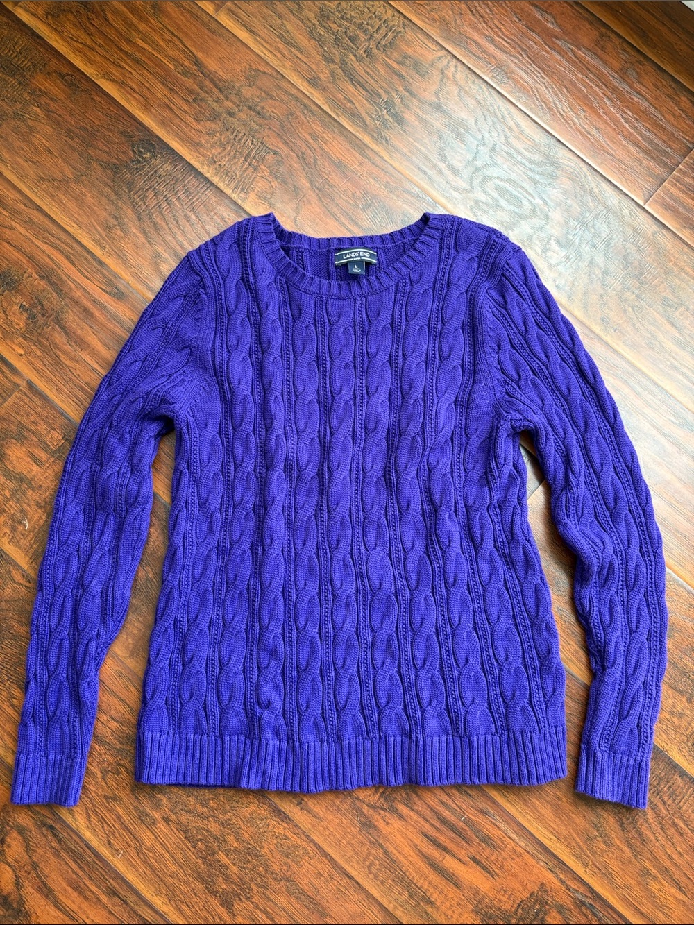 Lands' End Rich Purple Cable Knit Crew Sweater
